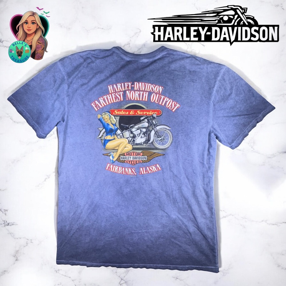 Harley Davidson T Shirt Men's 2XL‎ Blue Farthest North Outpost Alaska Pinup Tee